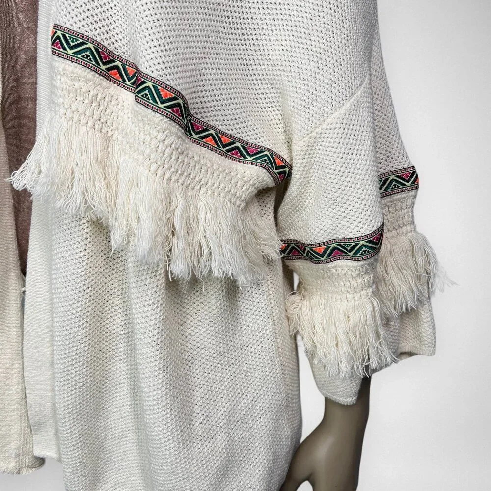 H&M COACHELLA Large Cream Cardigan Sweater Oversized Boho Fringe Knit‎ Casual